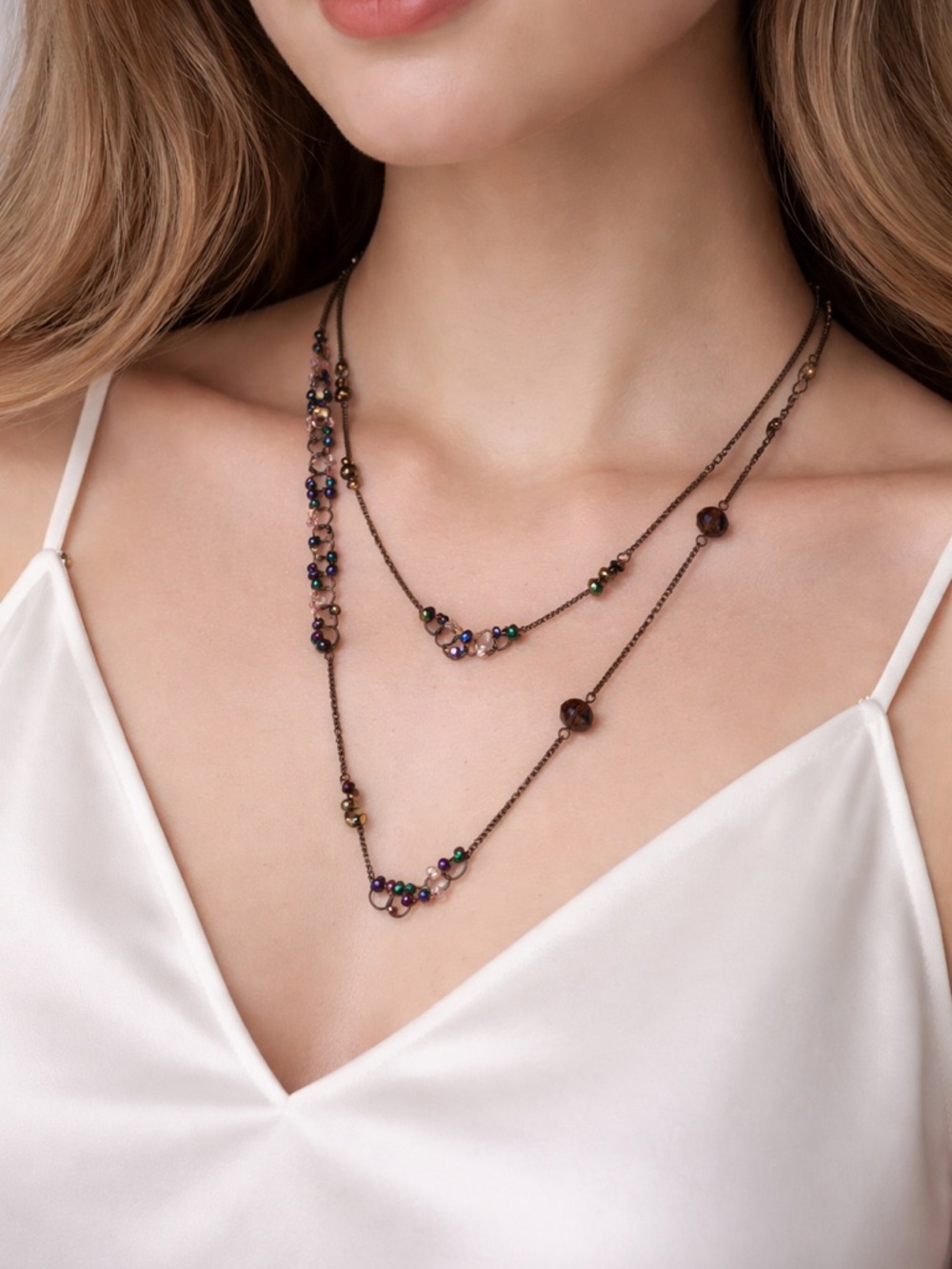Vintage iridescent purple Beads two layers Necklace